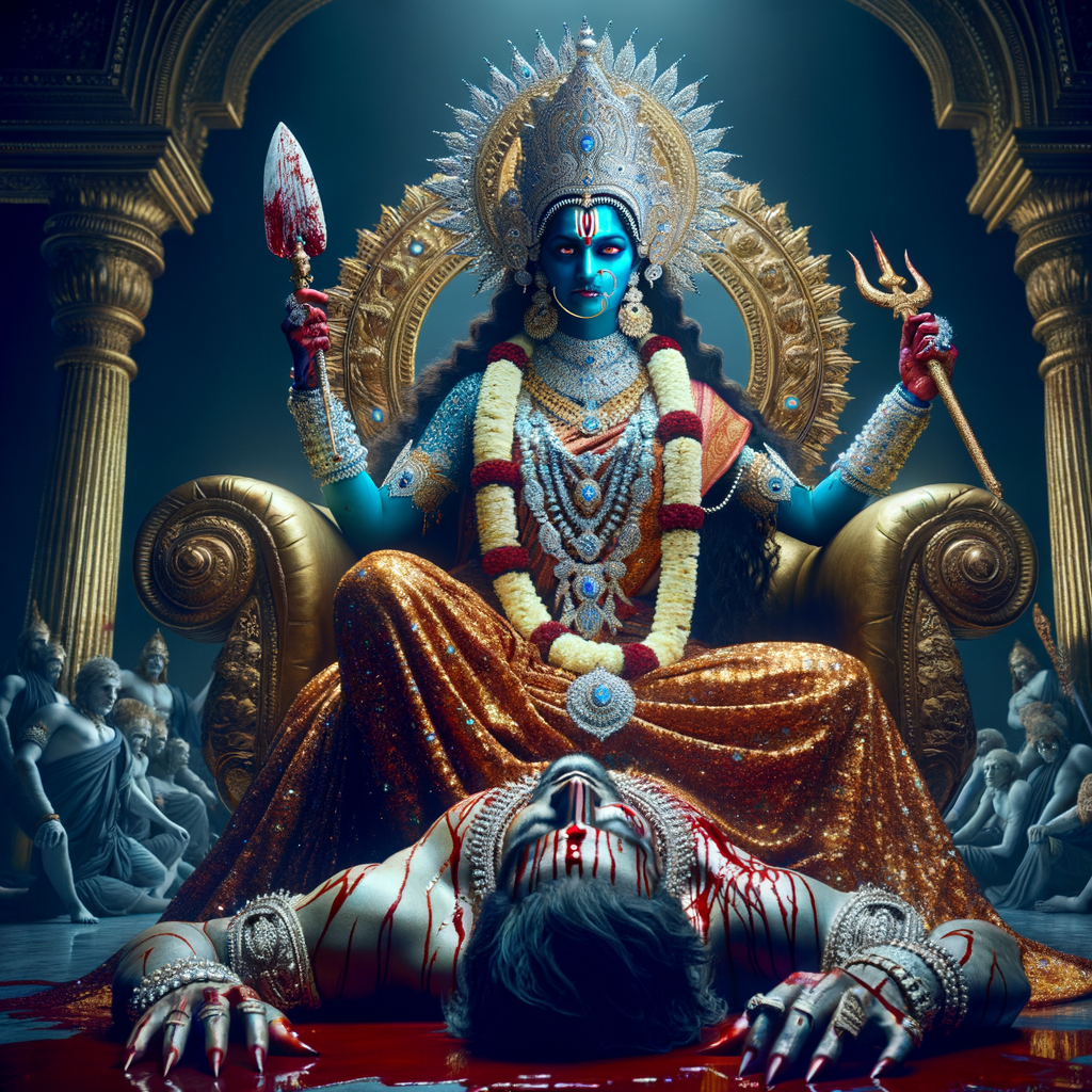 portrait of intense looking goddess kali, blue skinned, sitting on a gold crown and carrying a weak mahishasur on her lap and stabbing him with her amazing long red finger nails. She is wearing diamond armor, a huge diamond crown, red saree, abundant diamond jewelry, covered in blood. The scene is set in ancient India. The image is 8K resolution, cinematic, ultra detailed face and epic.