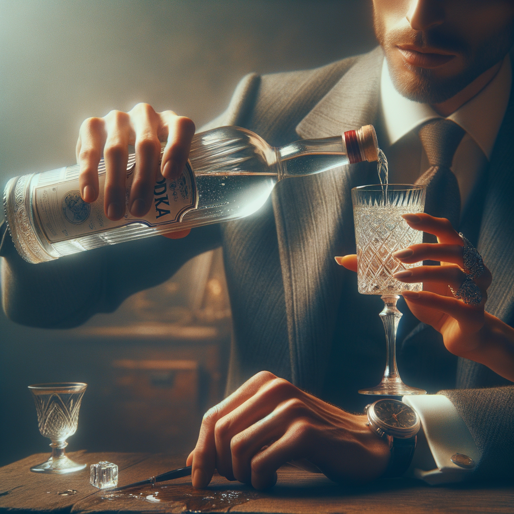 European man, man in a classic suit, man poor vodka to glass of woman, man poors vodka, man holds bottle, woman holds glass, glass of vodka, Woman holds glass, glass is holding by a woman.