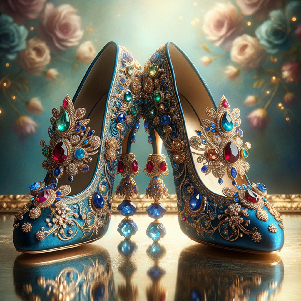 Imagine a pair of enchanting shoes, each a mirror image of the other, placed gracefully upon a regal surface. They are bathed in the soft, diffuse light that casts gentle reflections upon their silk fabric. These shoes are no ordinary footwear; they are a masterpiece of vibrant royal blue, adorned with ornate golden filigree and a multitude of glittering jewels in various hues—rubies, sapphires, emeralds, and delicate pink diamonds. Each shoe boasts an elegant, curved heel in a matching vivid blue, with tiny red and blue gems accenting the base. The shoes are positioned against a backdrop of soft-focus flowers, their pastel colors complementing the rich tones of the shoes, with hints of gold framing providing a touch of opulence. This image captures the essence of a fairy tale brought to life, a visual symphony of color and splendor.