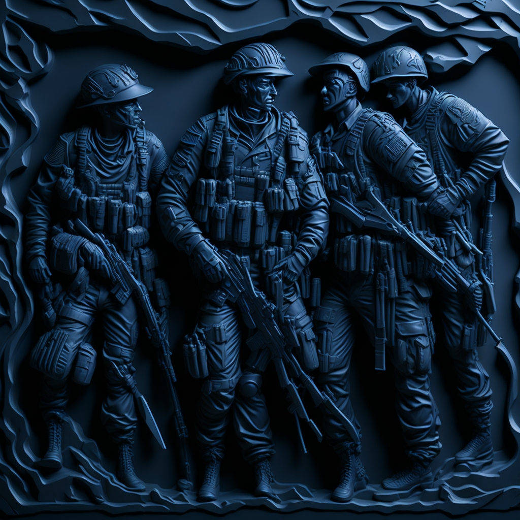 Design a high-contrast grayscale 3d bas relief of three marine soldiers, The composition should be circular like a coin emblem, designed for CNC routing with balanced lighting to accentuate fine details, sharp edges, and distinct textures. Employ deep shadows and strong highlights to define planes and surfaces clearly.