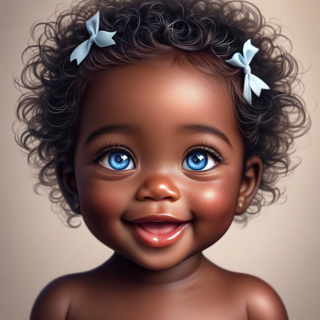 "Create a digital portrait of an adorable african-American baby girl with a joyful expression. Her big, bright blue eyes are wide with wonder, and her tiny mouth is shaped in a happy grin. Her skin has a warm, honey-brown tone, and she has an abundance of curly black hair, playfully tied up with light blue bows. The background is soft and neutral to keep the focus on her delightful features. The portrait should be vibrant and heartwarming, celebrating the innocence and charm of childhood."