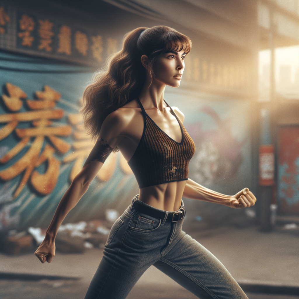 Athletic Thin skinny Attractive, Asian teenage girl, long brown hair and bangs, wearing tight skinny jeans and a halter top paint marks on her clothing, heroic pose Asian graffiti background, side view