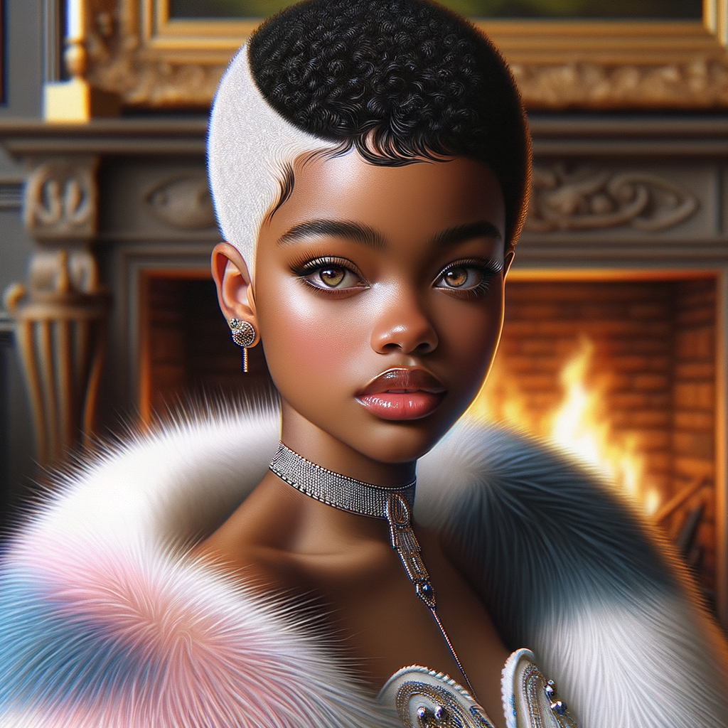 a full body veiw of a colorful gloss hyper realistic oil painting of a regal beautiful light skinned afro  American girlwith beautiful pixie cut one side of hair is black and the other side  of her hair white slick baby hair and furry white and pink and blue furry coat and outfit under the coat standing in living room with fireplace