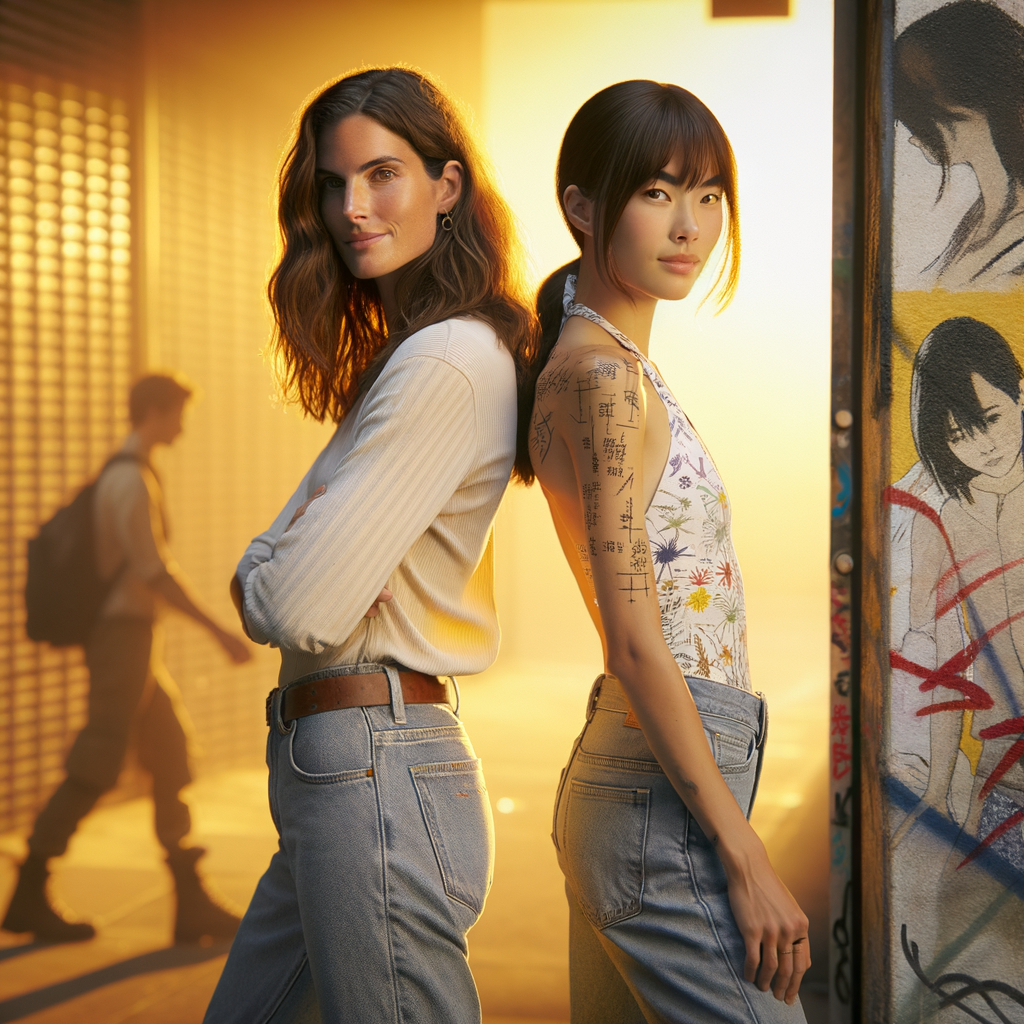 Athletic Thin skinny Attractive, Asian teenage girl, long brown hair and bangs, wearing tight skinny jeans and a halter top paint marks on her clothing, heroic pose Asian graffiti background, backside view