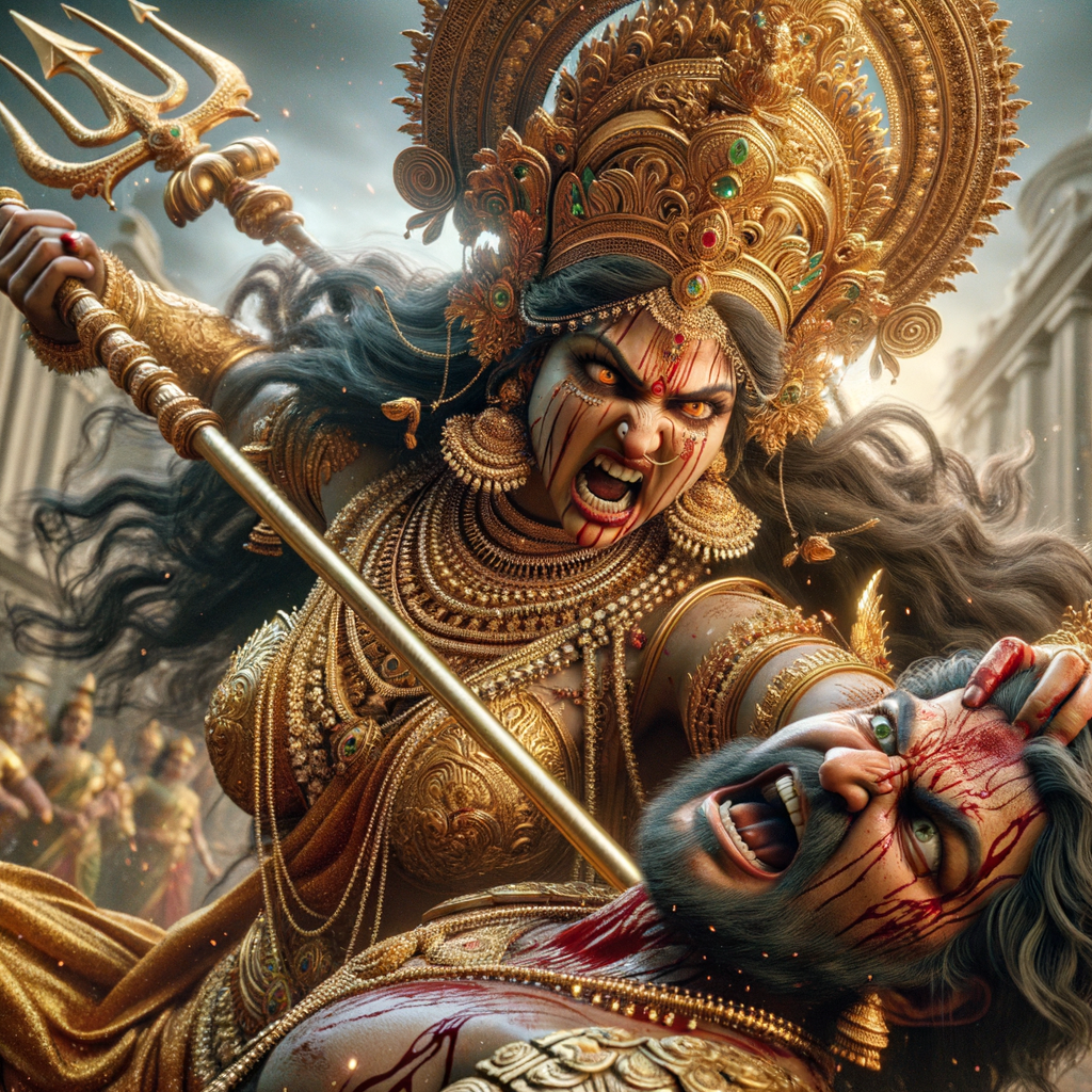 portrait of angry looking, indian goddess lunging at a weak mahishasur with a trident in her hand. She is wearing gold armor, a huge gold crown, gold saree, abundant  gold jewelry, covered in blood. The scene is set in ancient India. The image is 8K resolution, cinematic, photography, ultra detailed face and epic.