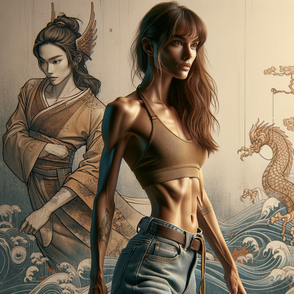 Athletic Thin skinny Attractive, Asian teenage girl, long brown hair and bangs, wearing tight skinny jeans and a halter top paint marks on her clothing, heroic pose Asian graffiti background, side view