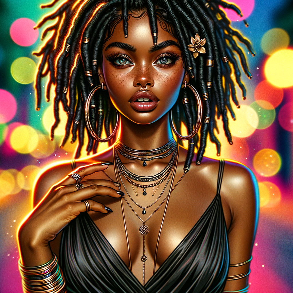 Street art style of a beautiful African American slim thick tan Indian woman dressed in black and gold dress, long black silky dreadlocks with a flower in her hair, sandals, Indian jewelry, full lips, long lashes, beautiful nails, pretty smile,hoop earrings multiple necklaces, blue siren eyes, nude lipstick, electrostatic art, color contrast high definition bokeh background