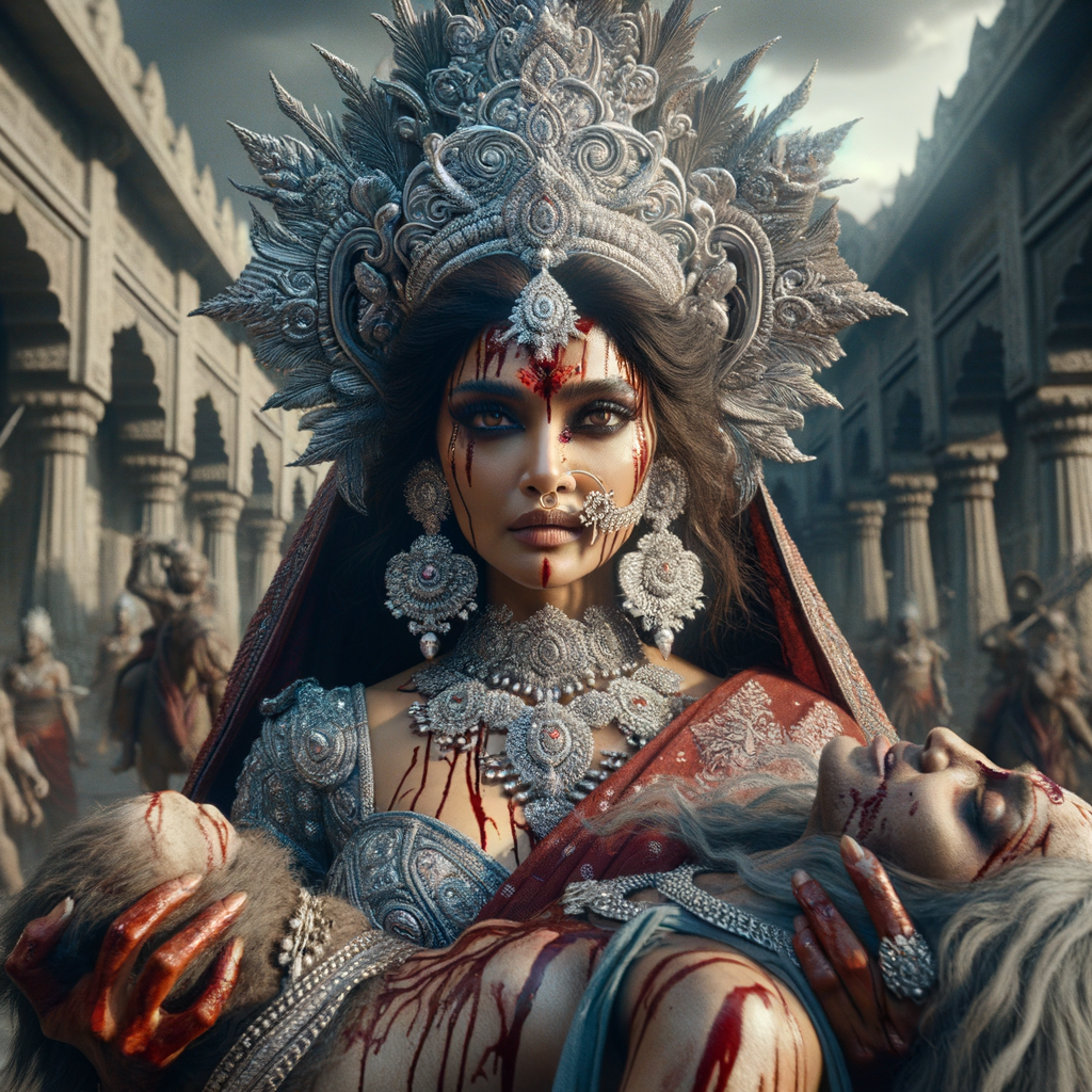 portrait of angry looking, gorgeous goddess durga cosplayer carrying a weak mahishasur in her two arms. She is wearing a huge silver crown, red saree, abundant silver jewelry, covered in blood. The scene is set in ancient India. The image is 8K resolution, cinematic, ultra detailed face and epic.