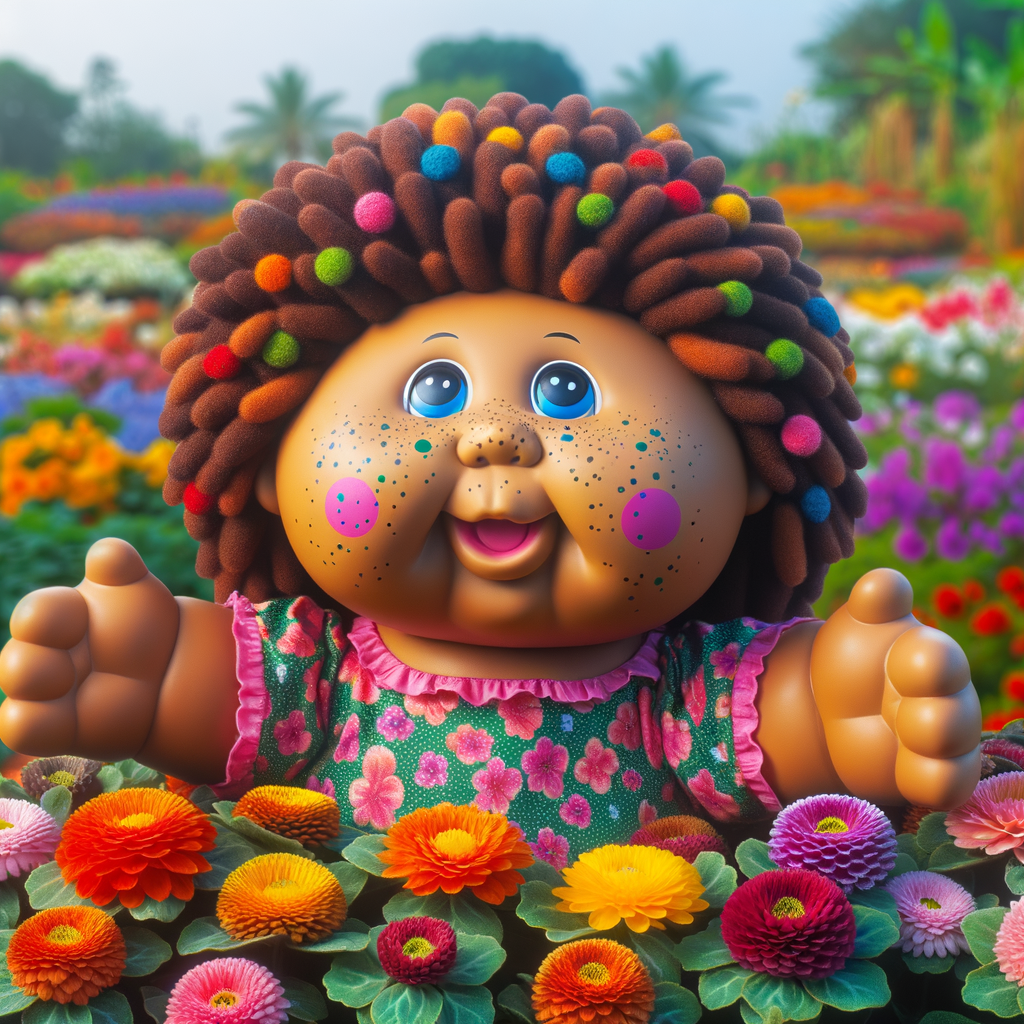 African-American cabbage patch doll with huge dimples, and freckles and flowers in the background