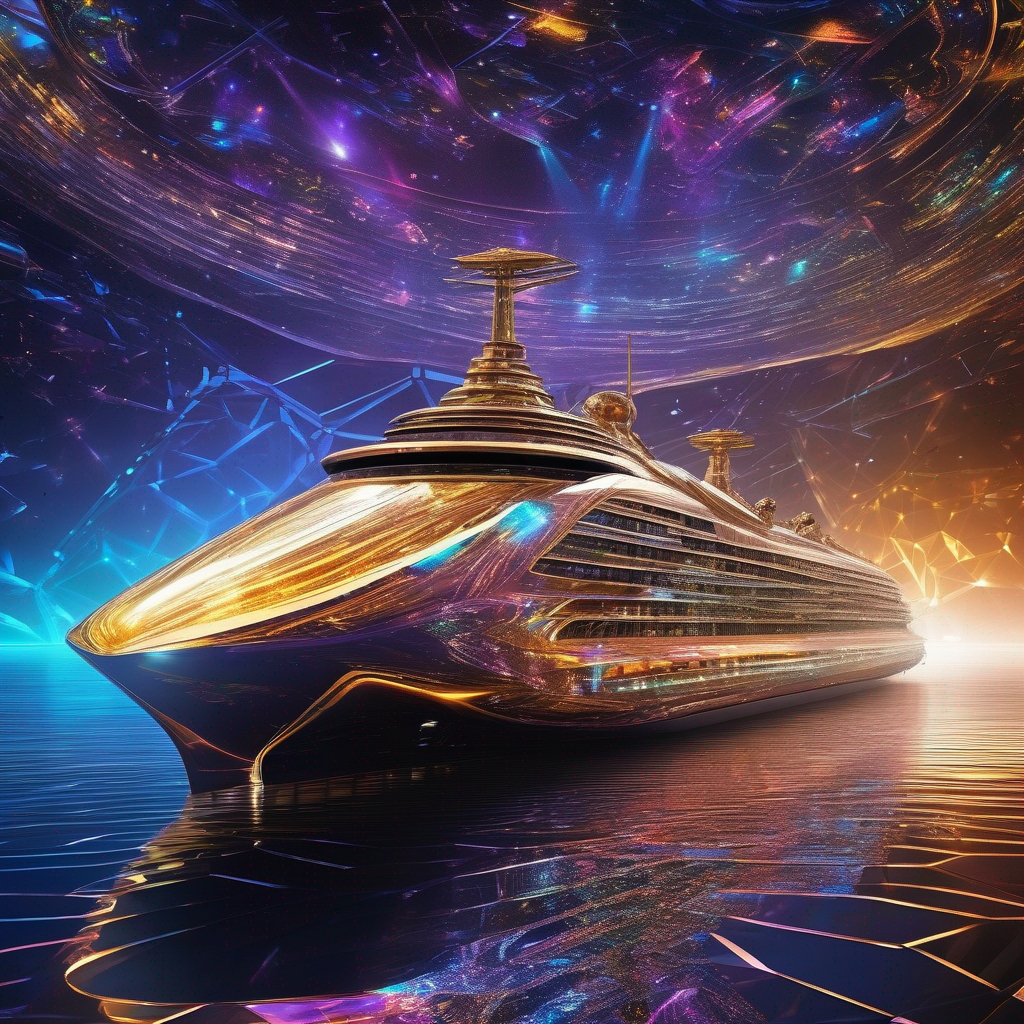 In the ethereal depths of space, a sleek and futuristic celestial quantum cruiser gleams with a holographic sheen, adorned with geometric patterns and ethereal lights. This stunning image is a digitally enhanced photograph, showcasing the ship's cutting-edge design and otherworldly beauty. The colors are vivid and dynamic, drawing the viewer in with their luminous intensity. The attention to detail is impeccable, with every line and curve rendered with precision and clarity. This high-resolution image is a masterpiece of modern digital art, capturing the essence of technological progress and exploration in a visually striking way.