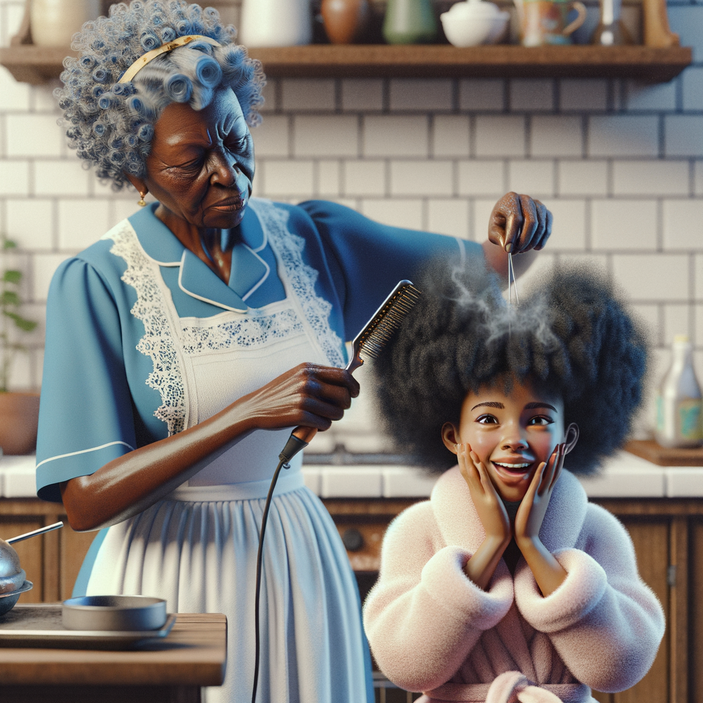 Create a realistic 3-D image of an african-American grandmother wearing a blue house dress and a white apron . She is in the kitchen with her african-American granddaughter. Her granddaughter is wearing a pink bath robe. The grandmother has a hot comb in her hand and she is straightening her granddaughters hair. One side of her granddaughters hair is in  a Afro the other straight 
There is smoke coming from the hot comb
The granddaughter is making a face