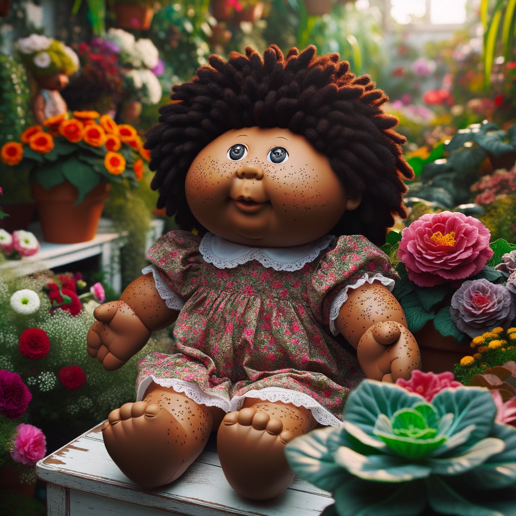 African-American cabbage patch doll with huge dimples, and freckles and flowers in the background