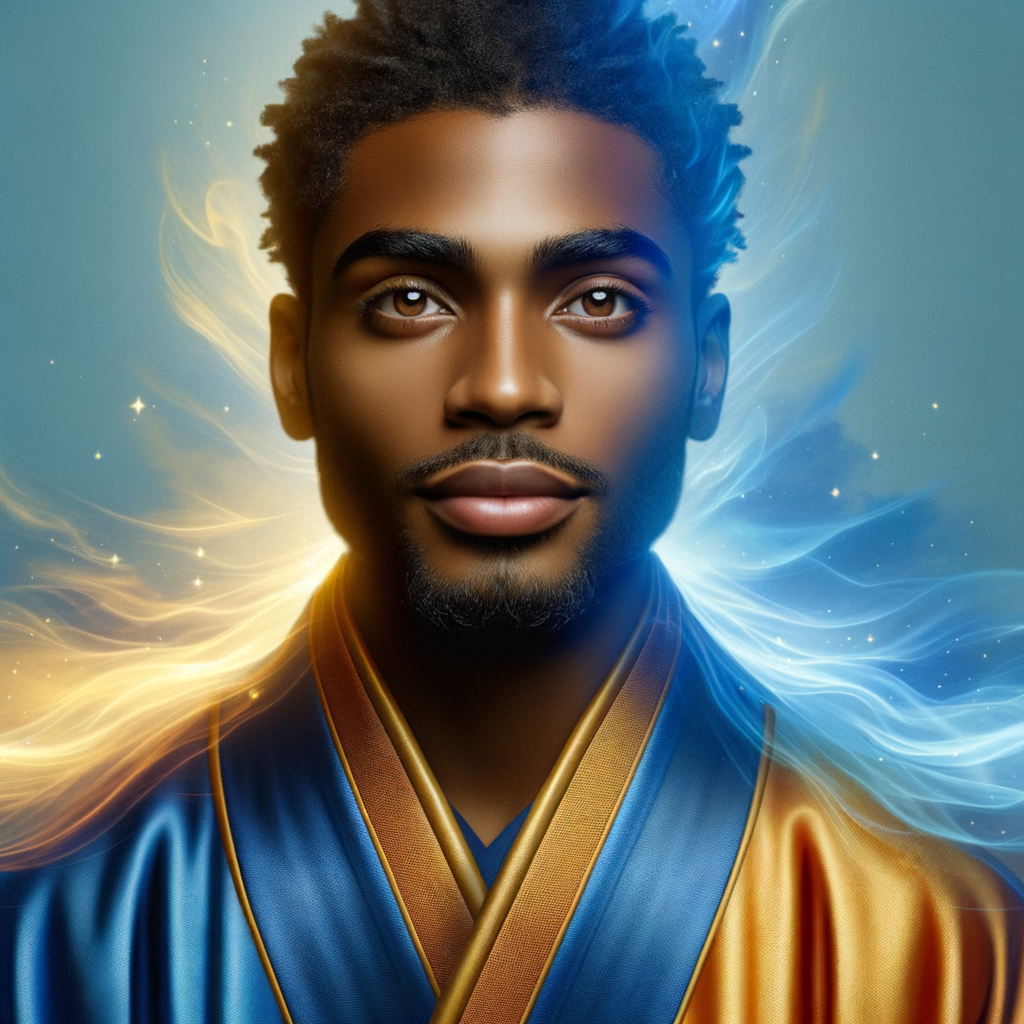 Create a beautiful African-American Jesus Christ with Hazel, brown eyes and blue and gold robe