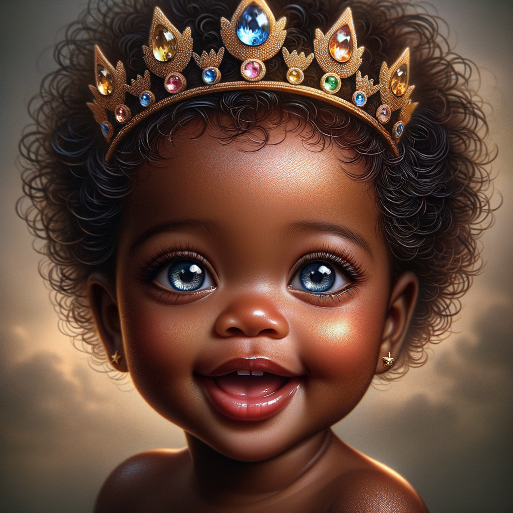 "Create a digital portrait of an adorable african-American baby girl with a joyful expression. She is wearing a gold crown with colorful jewels. Her big, bright blue eyes are wide with wonder, and her tiny mouth is shaped in a happy grin. Her skin has a warm, honey-brown tone, and she has an abundance of thick curly black hair, The background is soft and neutral to keep the focus on her delightful features. The portrait should be vibrant and heartwarming, celebrating the innocence and charm of childhood."