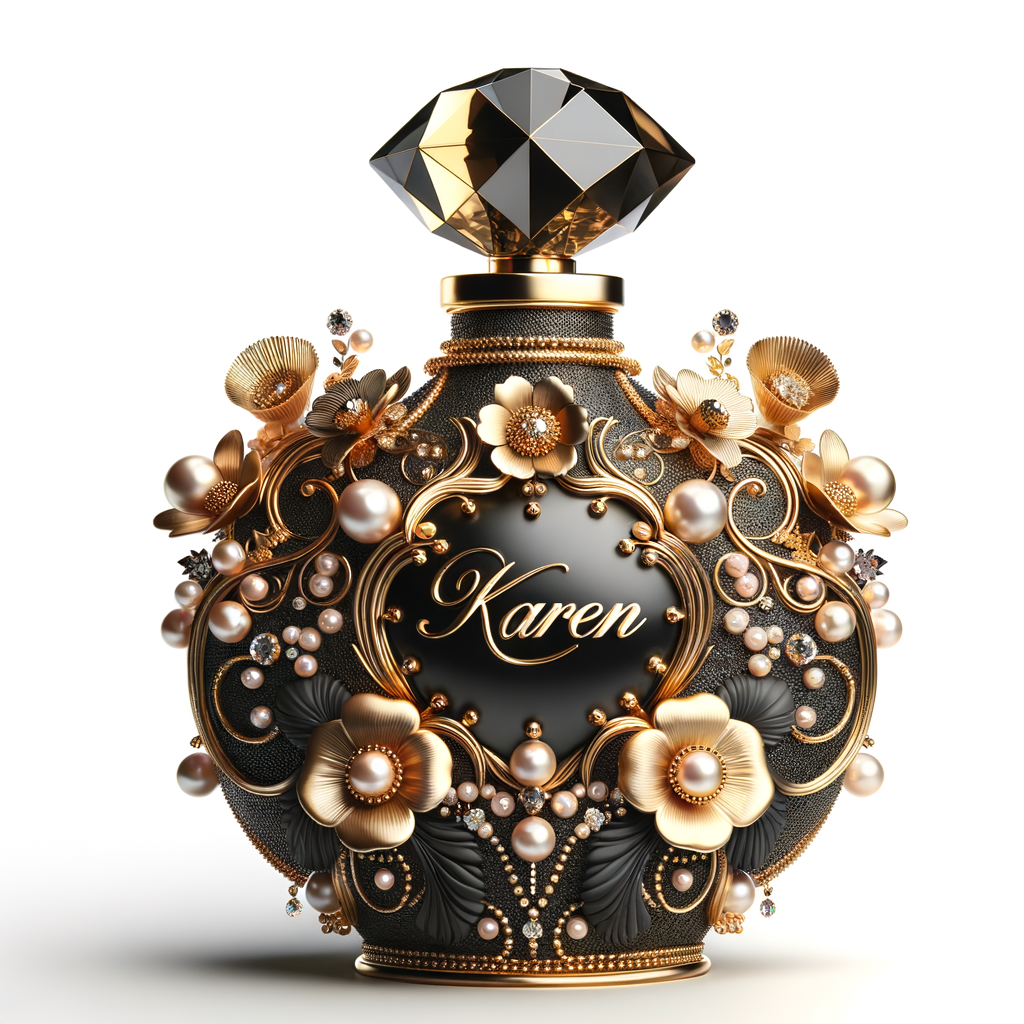 Design a fancy, black and gold bottle of perfume in the shape of a woman’s body. With a golden diamond top, flowers pearls and Diamonds in the name, Karen