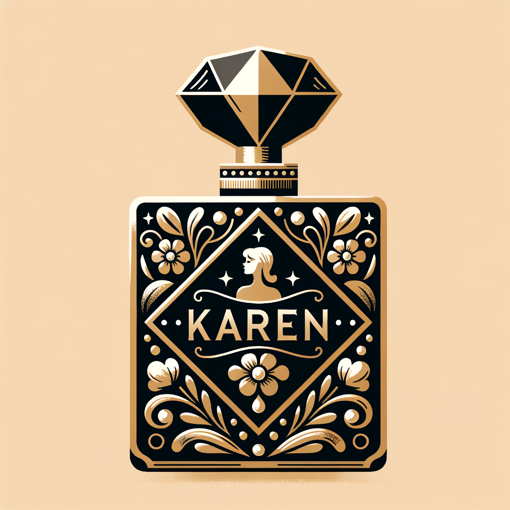 Design a fancy, black and gold bottle of perfume in the shape of a woman’s body. With a golden diamond top, flowers pearls and Diamonds in the name, Karen