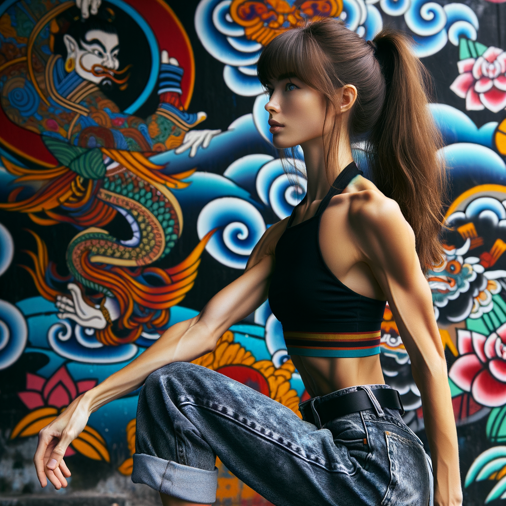 Very thin Athletic Thin skinny Attractive, Asian teenage girl, long brown hair and bangs, wearing tight skinny jeans and a halter top paint marks on her clothing, sitting side view heroic pose Asian graffiti