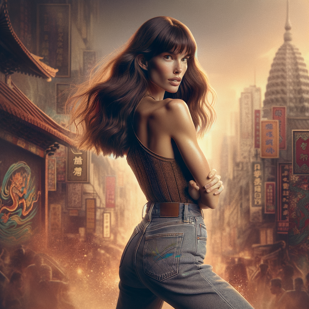 Athletic Thin skinny Attractive, Asian teenage girl, long brown hair and bangs, wearing tight skinny jeans and a halter top paint marks on her clothing, heroic pose Asian graffiti background, backside view