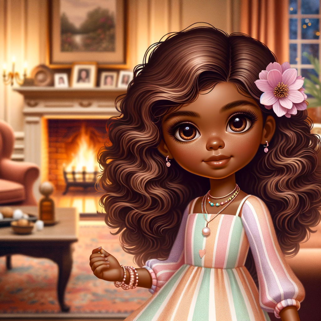 Create an image of a stylized, Latino brown skin doll-like girl seated in a cozy living room with a warm fireplace. She has voluminous, wavy hair cascading over her shoulders, tinted with shades of chestnut and mocha. Her large, expressive eyes are a deep brown, fringed with long, fluttery lashes. A delicate pink flower tucks behind one ear, complementing her youthful glow. She wears a pastel-striped summer dress with soft, flowing fabric that drapes elegantly over her small frame. Around her neck is a dainty necklace adorned with beads and a gentle sprinkle of gemstones reflecting subtle light. In her hand, she holds a pearly seashell as a charming accessory. Behind her, the living room is inviting, with plush furnishings, a mantelpiece adorned with family photos and trinkets, and a crackling fireplace that casts a comforting glow and dancing shadows around the room, enhancing the ambiance of a serene home setting