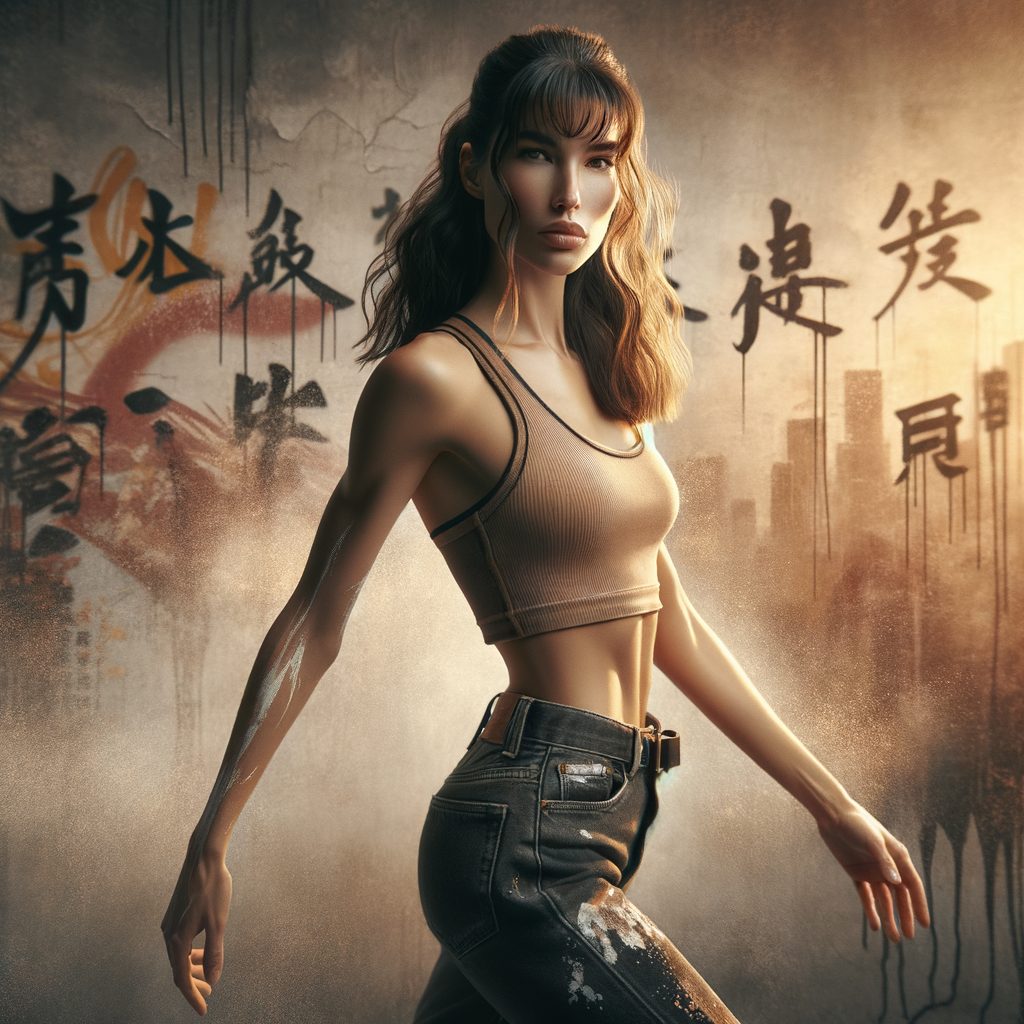 Athletic Thin skinny Attractive, Asian teenage girl, long brown hair and bangs, wearing tight skinny jeans and a halter top paint marks on her clothing, heroic pose Asian graffiti background, side view