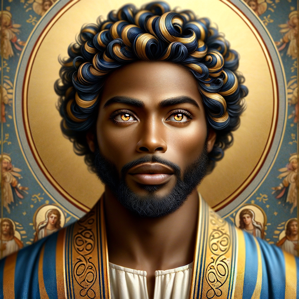 Create a beautiful African-American Jesus Christ with Hazel, brown eyes and blue and gold robe