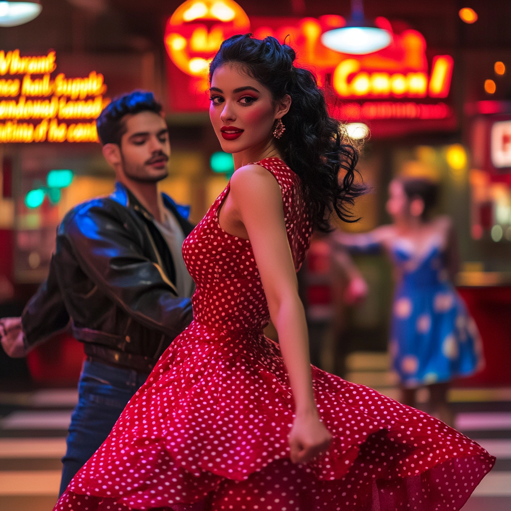 “A vibrant mid-century dance hall scene captured with a Canon EOS R5 and a 50mm f/1.2 lens. the image is focused on Dahlia Valentina fit tall supple well endowed tanned Italian American model (DahliaValentina_ai) stands in the center of a 1950s rockabilly dance, spinning in a bright red polka-dot dress with a fitted bodice and a flared skirt that lifts as she twirls. Her long wavy black hair is tied up with a matching headscarf, and she wears classic cat-eye eyeliner with a bold red lip. She dances with a charming partner dressed in a leather jacket and cuffed jeans, both caught mid-motion in a lively jitterbug step. The neon signs glow behind them, casting warm reflections on the checkered dance floor. The energy of the crowd, jukebox music, and the flickering of retro diner lights add to the nostalgic atmosphere. The composition follows dynamic angles, emphasizing movement and vintage allure.”