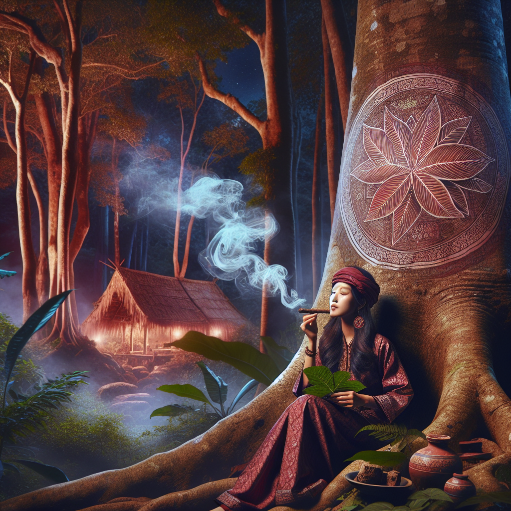 "In the heart of an enchanting forest glade, a mysterious witch reclines against an ancient tree, drawing fragrant, swirling smoke from a herbal cigar. The night air is calm, and the moonlight casts a gentle crimson glow around her, illuminating her serene expression. Behind her, the backdrop features a stylized illustration of a five-lobed plant leaf, crafted with delicate artistry. The scene balances a sense of mystical tranquility with the natural beauty of her woodland sanctuary."