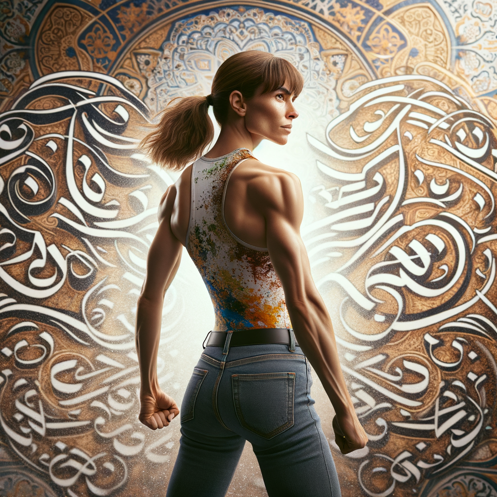 Athletic Thin skinny Attractive, Asian teenage girl, long brown hair and bangs, wearing tight skinny jeans and a halter top paint marks on her clothing, heroic pose Asian graffiti background, backside view