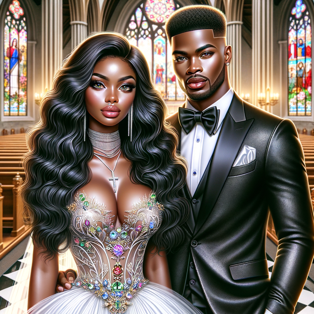 Create a realistic airbrushed illustration of a beautiful African-American couple at their wedding. The woman has flawless makeup, long wavy hair, and wears a spectacular gown adorned with various types of jewels, embodying elegance and sophistication. Her partner, an African-American man, is dressed in a sleek black Gucci suit and sports a fade crop top haircut, adding a modern flair to his dapper appearance. They stand together in a beautiful church, which is enhanced by colorful stained glass windows casting a vibrant glow around them, adding to the solemnity and joy of the occasion. The image should capture the essence of their love and the intricate details of their attire and the setting, all in a heavily HDR style at 300 dpi.