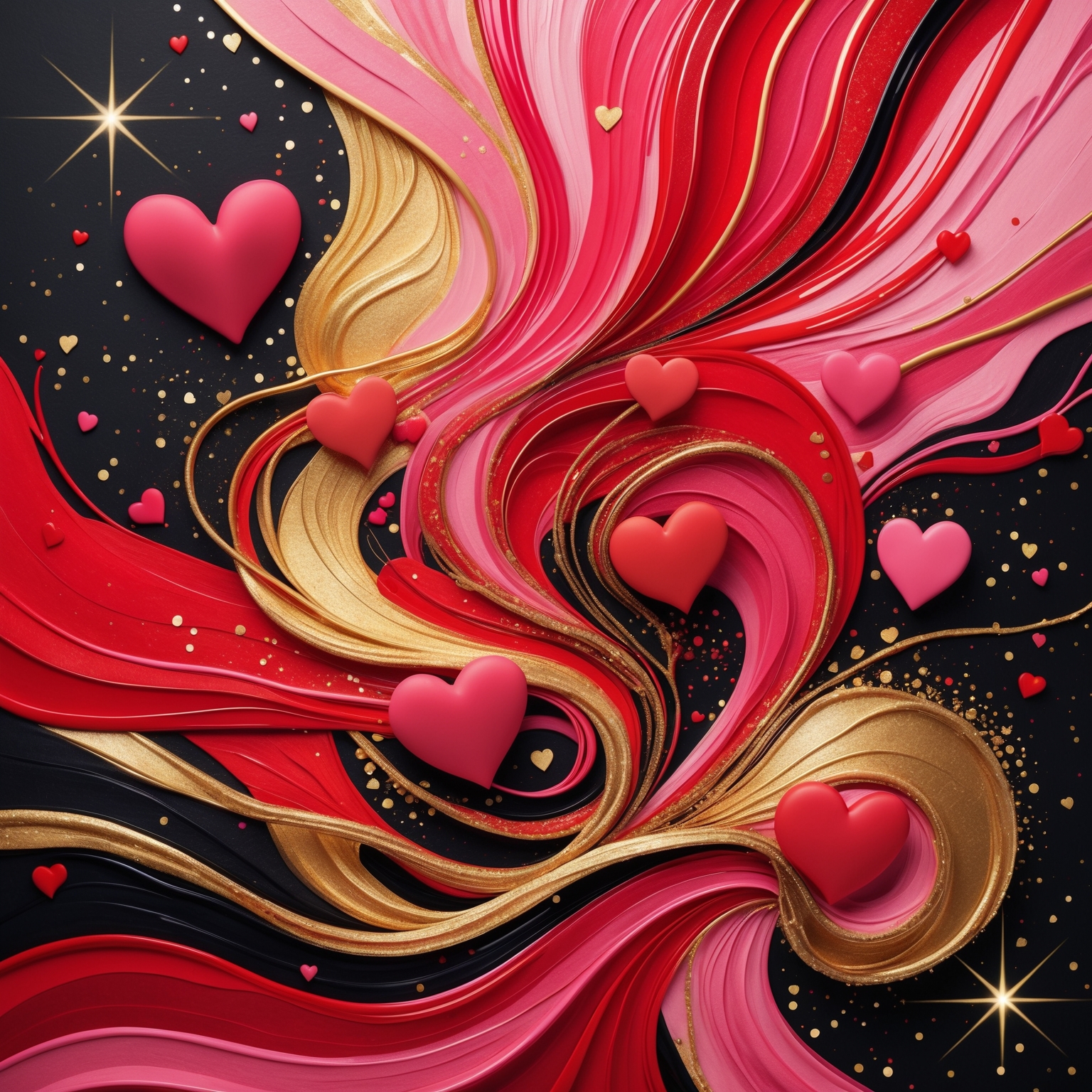 "Imagine an explosion of vibrant, swirling colors merging in an abstract dance of red, pink, and gold. Heart shapes subtly emerge and dissolve within the strokes, while intricate patterns symbolize love and connection. Flecks of light sparkle throughout, embodying the warmth and passion of Valentine's Day."