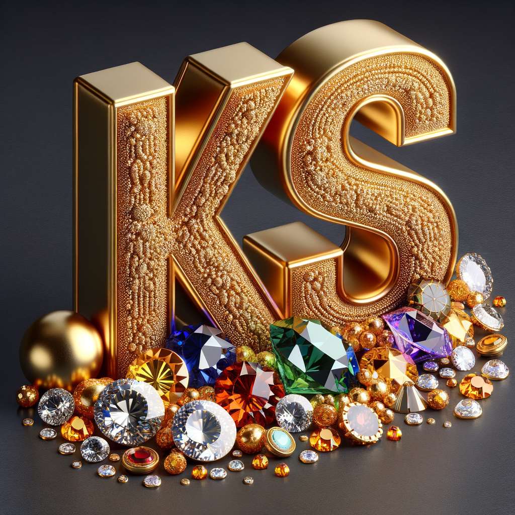 Create a 3-D realistic image with the letters  K.S. in gold raised letters , Add diamonds and colorful jewels