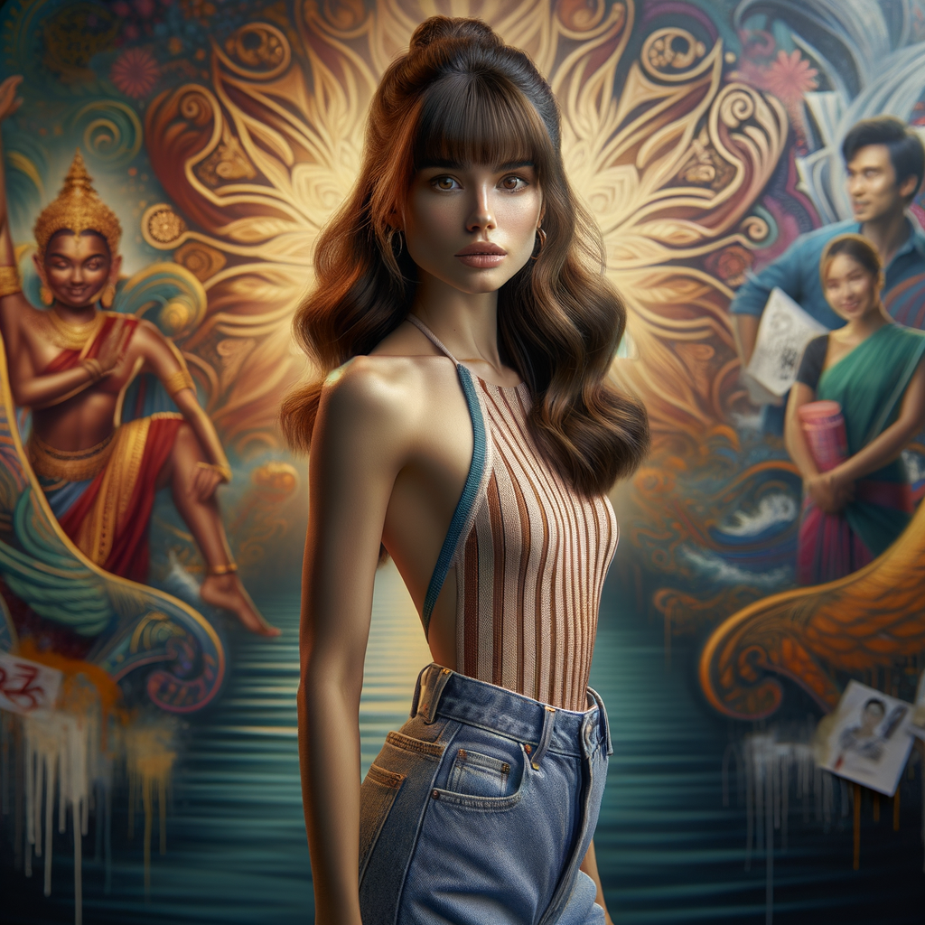 Athletic Thin skinny Attractive, Asian teenage girl, long brown hair and bangs, wearing tight skinny jeans and a halter top paint marks on her clothing, heroic pose Asian graffiti background, backside view