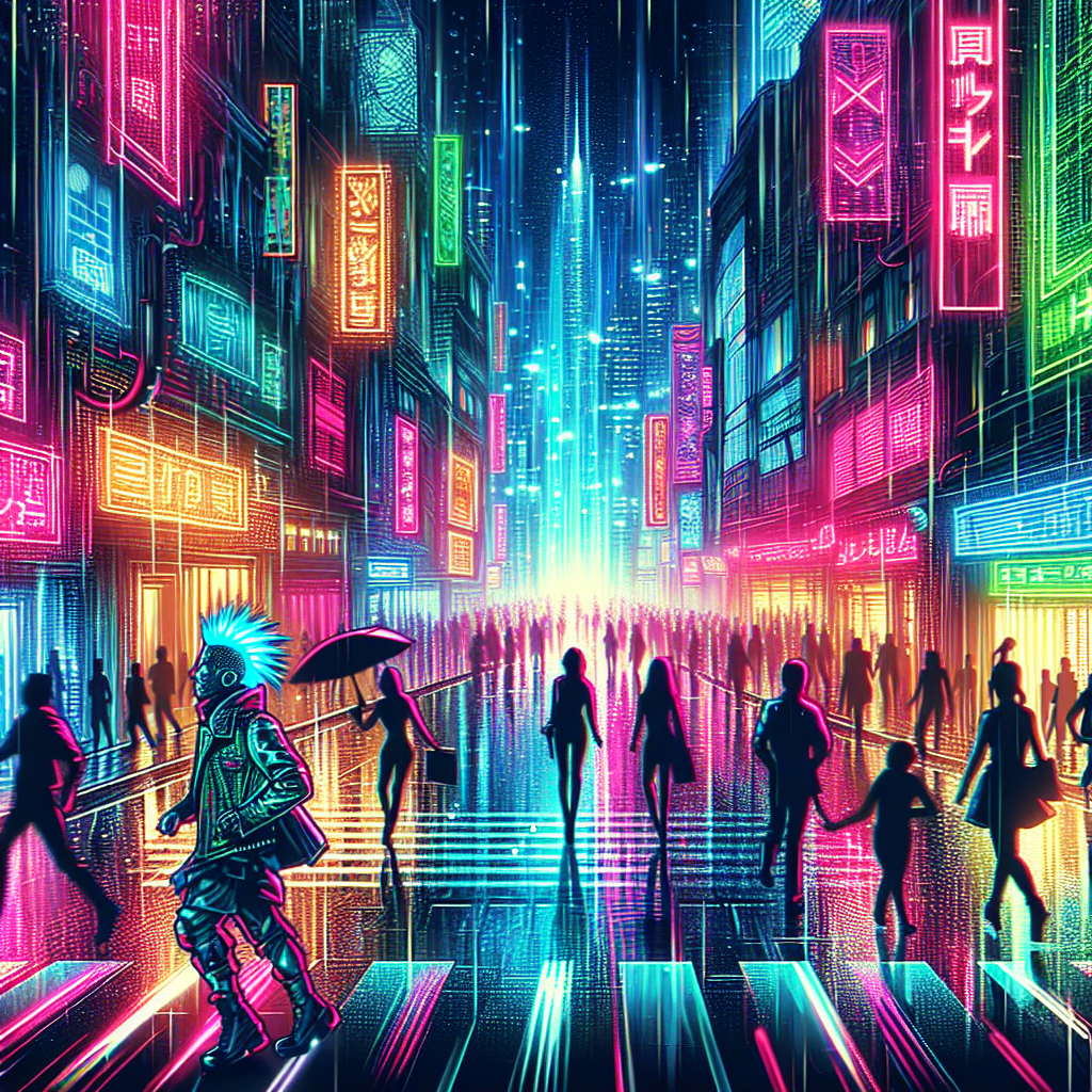 "A bustling city street drenched in rain, with glowing neon signs and holographic billboards reflecting on the wet pavement. People in punk-style outfits walk briskly through the scene, their futuristic accessories and hairstyles catching the vibrant light