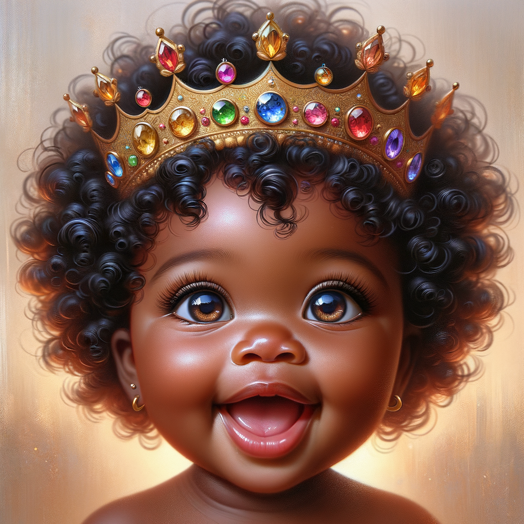 "Create a digital portrait of an adorable african-American baby girl with a joyful expression. She is wearing a gold crown with colorful jewels. Her big, bright blue eyes are wide with wonder, and her tiny mouth is shaped in a happy grin. Her skin has a warm, honey-brown tone, and she has an abundance of thick curly black hair, The background is soft and neutral to keep the focus on her delightful features. The portrait should be vibrant and heartwarming, celebrating the innocence and charm of childhood."