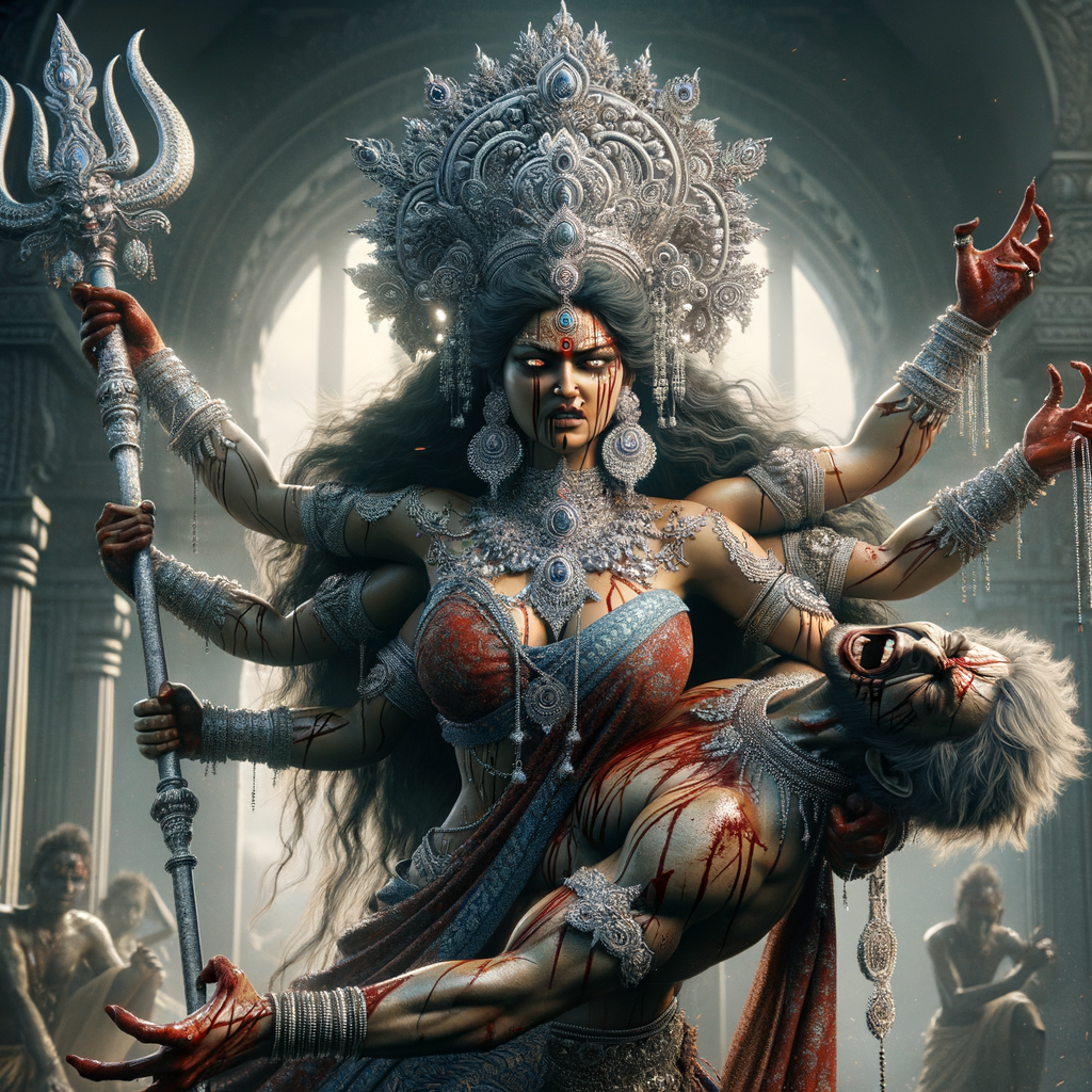 portrait of angry looking goddess durga  carrying a weak mahishasur in her two arms and stabbing him with her amazingly designed trident. She is wearing a huge silver crown, red saree, abundant silver jewelry, covered in blood. The scene is set in ancient India. The image is 8K resolution, cinematic, ultra detailed face and epic.