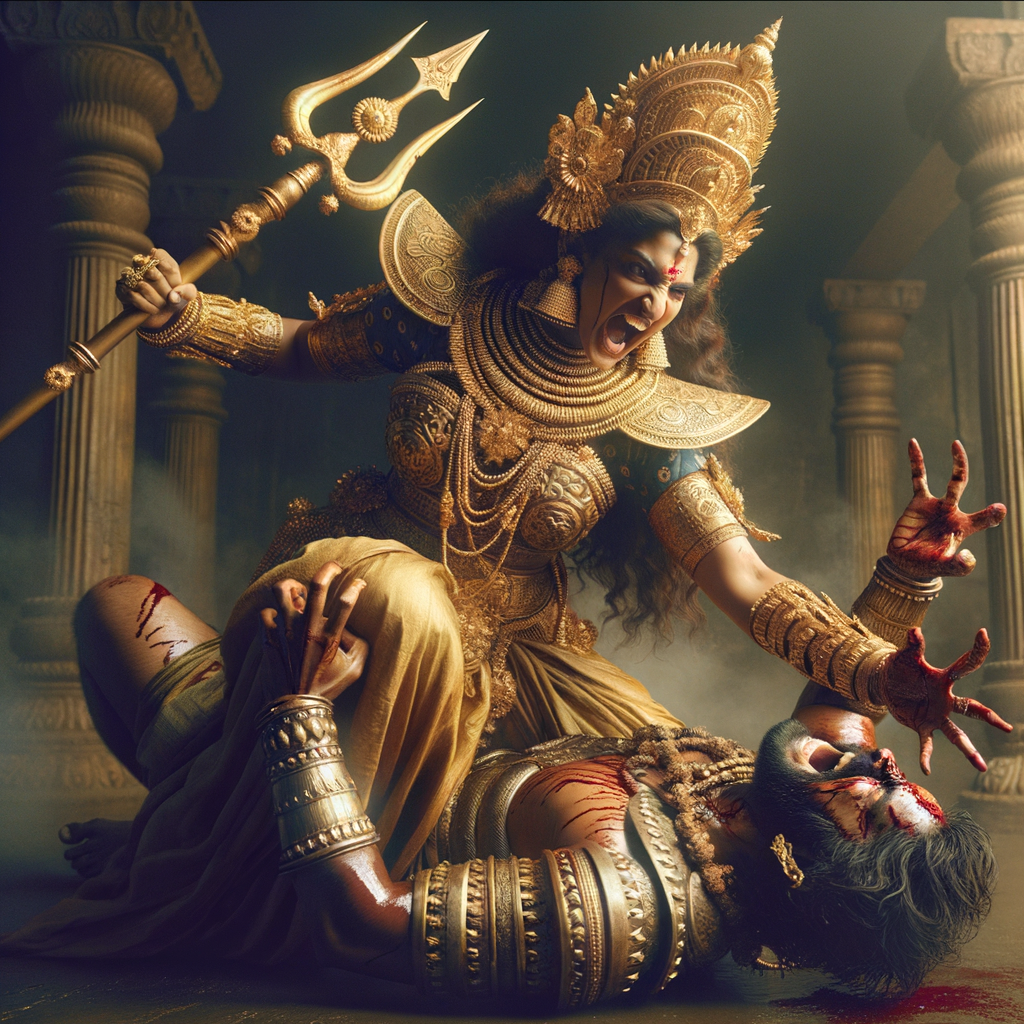 portrait of angry looking goddess durga pinning a weak mahishasur to the ground and stabbing him with her amazingly designed trident. She is wearing gold armor, a huge gold crown, gold saree, abundant  gold jewelry, covered in blood. The scene is set in ancient India. The image is 8K resolution, photography, cinematic, ultra detailed face and epic