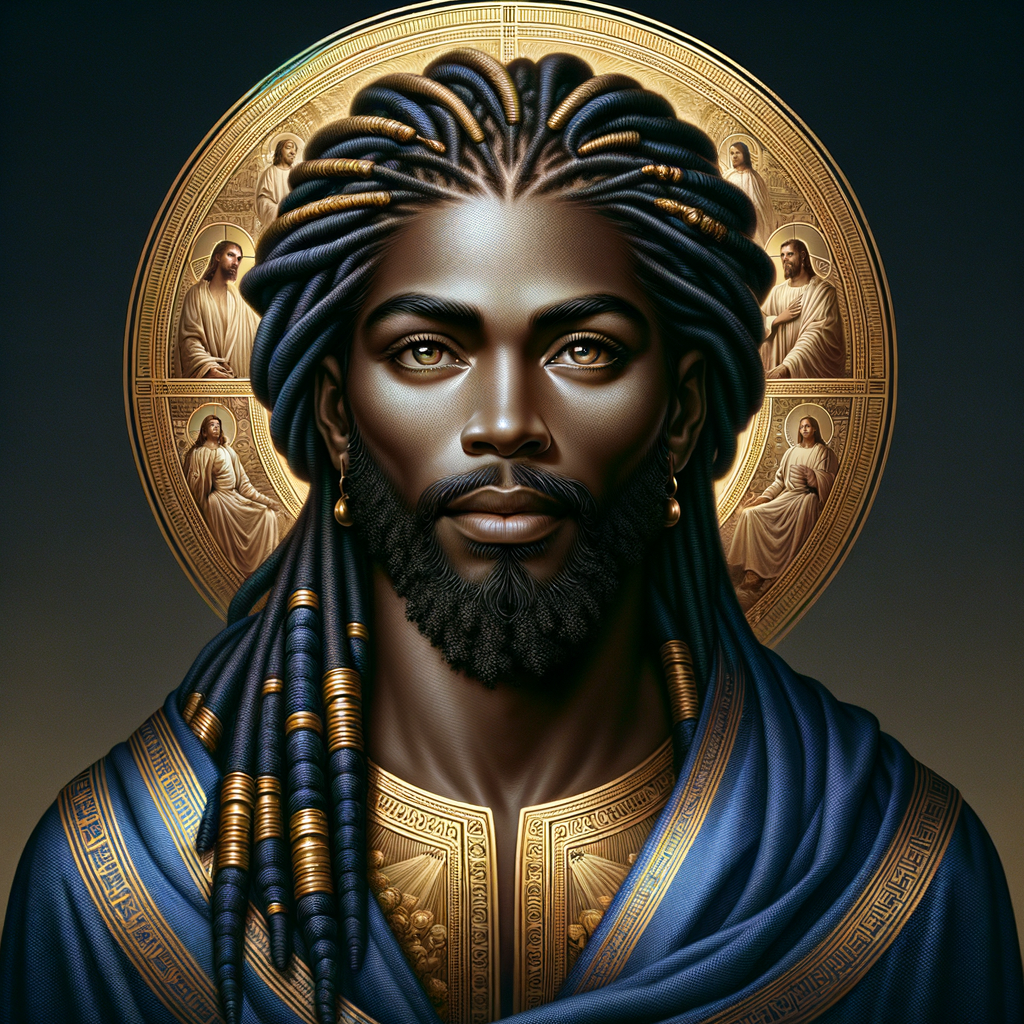 Create a beautiful African-American Jesus Christ with Hazel, brown eyes and blue and gold robe