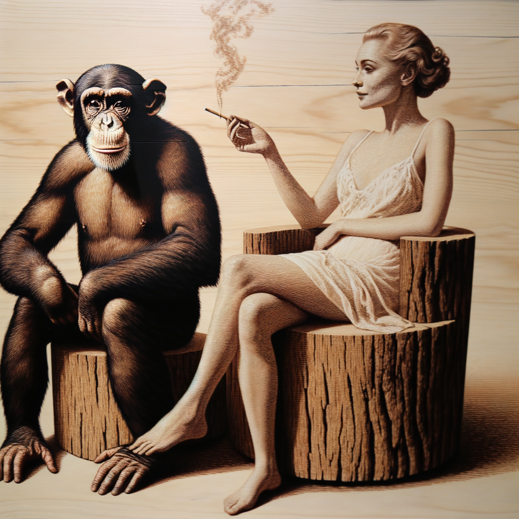 A nude woman smoking a cigarette sitting next to a chimp