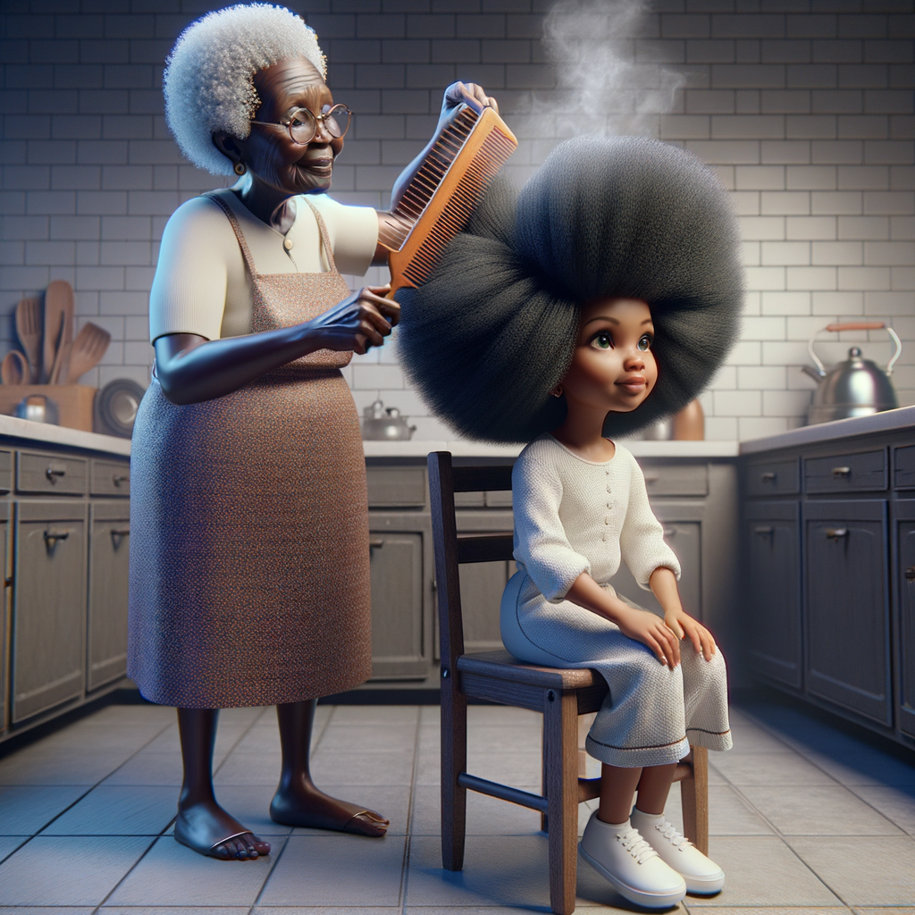 Create a realistic 3-D image of an african-American grandmother in the kitchen with her african-American granddaughter. The grandmother has a hot comb in her hair and she is straightening her granddaughters hair. One side of her granddaughters hair is in  a Afro the other is bone straight 
There is smoke coming from the hot comb