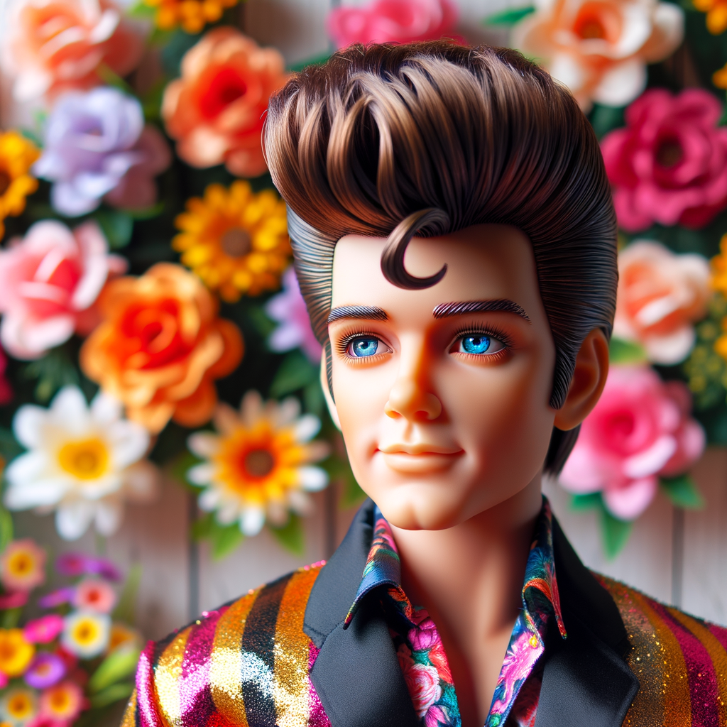 Elvis Presley doll with huge blue eyes flowers in the background