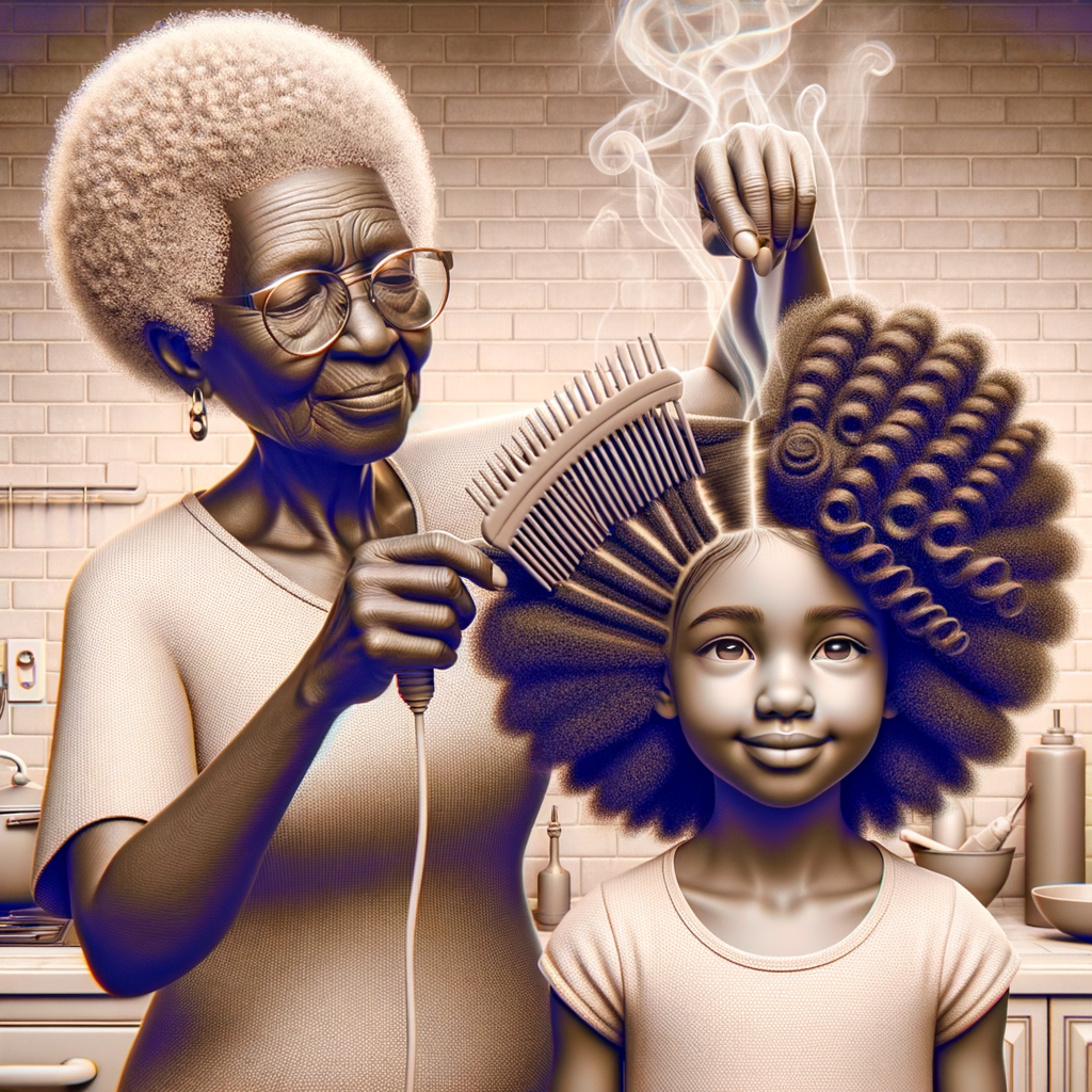 Create a realistic 3-D image of an african-American grandmother in the kitchen with her african-American granddaughter. The grandmother has a hot comb in her hair and she is straightening her granddaughters hair. One side of her granddaughters hair is in  a Afro the other is bone straight 
There is smoke coming from the hot comb