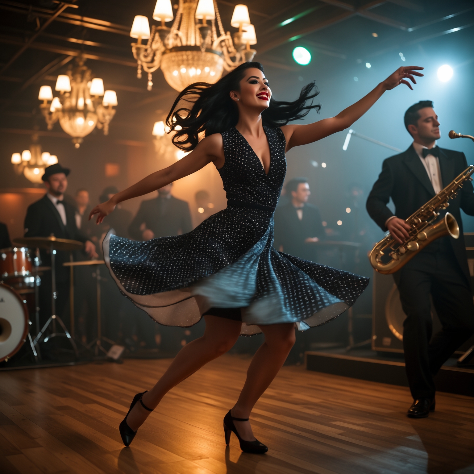 A dynamic, cinematic shot taken on a Leica M10 with a 35mm f/1.4 lens. Dahlia Valentina (DahliaValentina_ai) (fit tall supple well endowed tanned Italian American model with long wavy black hair) swings effortlessly in a late-night 1940s jazz club, her polka-dot dress billowing as she is spun into an aerial move by her dance partner. Her expression is joyful, her black heels barely touching the wooden floor. The dimly lit club, filled with vintage chandeliers, brass instruments, and smoky silhouettes, creates a moody yet vibrant energy. A live band plays in the background, the brass gleaming under soft amber lighting. Her hair flows as she moves, exuding playful charm. The photograph captures the pure joy of swing dancing—fast, fluid, and effortlessly stylish.”