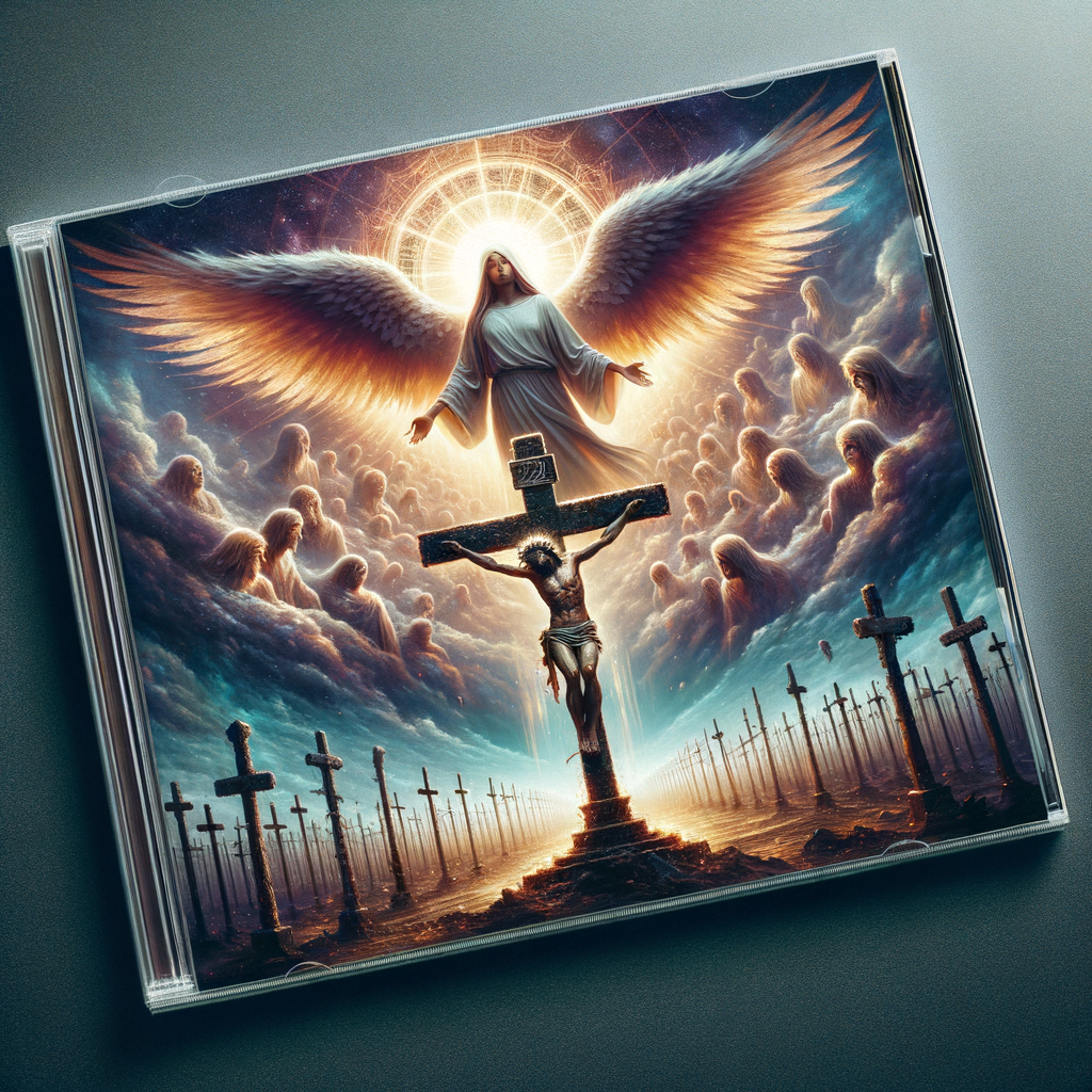 Create an image for a CD cover
 of the cross of the crucifixion on Calavry as an angel ascends to Heaven in the background