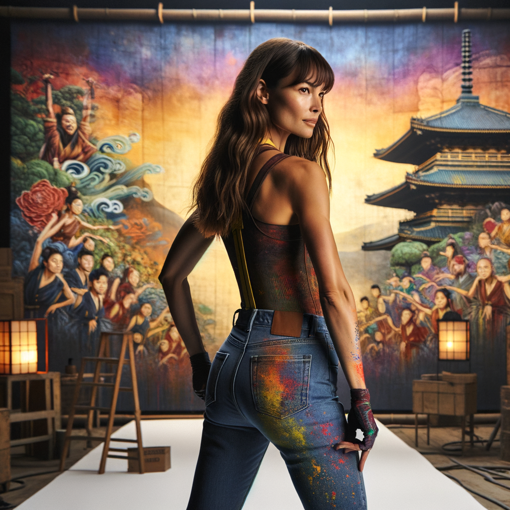 Athletic Thin skinny Attractive, Asian teenage girl, long brown hair and bangs, wearing tight skinny jeans and a halter top paint marks on her clothing, heroic pose Asian graffiti background, backside view