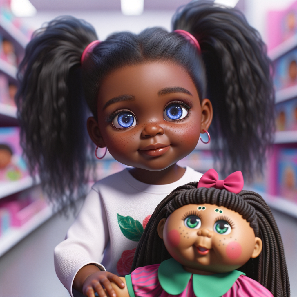 Create a 3-D realistic image of an African-American little girl above the age of five she has huge, blue eyes and thick long ponytails.
She is in a toy store and she is playing with her favorite african-American Cabbage Patch doll , the doll has deep, dimples and freckles