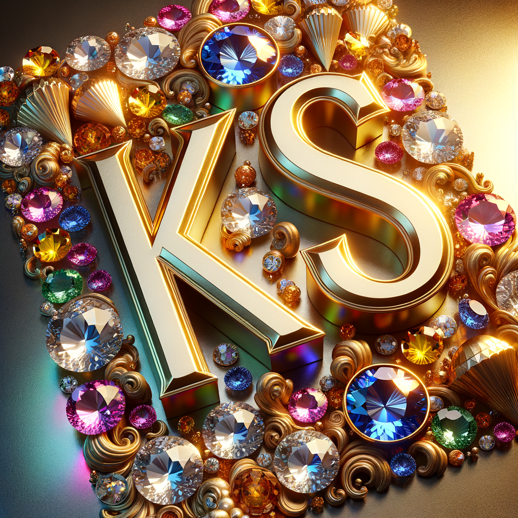 Create a 3-D realistic image with the letters  K.S. in gold raised letters , Add diamonds and colorful jewels