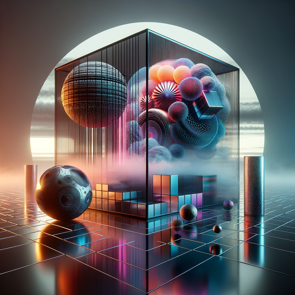 /imagine prompt:A dynamic 3D rendering of a cube, sphere, and cylinder, each evolving from monochrome to vivid hues, against a minimalist, surreal backdrop with an ethereal sky. The cube is adorned with geometric patterns, the sphere glows with neon lights, and the cylinder is enveloped in a misty fog. Created Using: abstract surrealism, minimalist framework, color transformation, glibatree prompt, intricate patterns, neon effects, atmospheric mood --ar 1:1