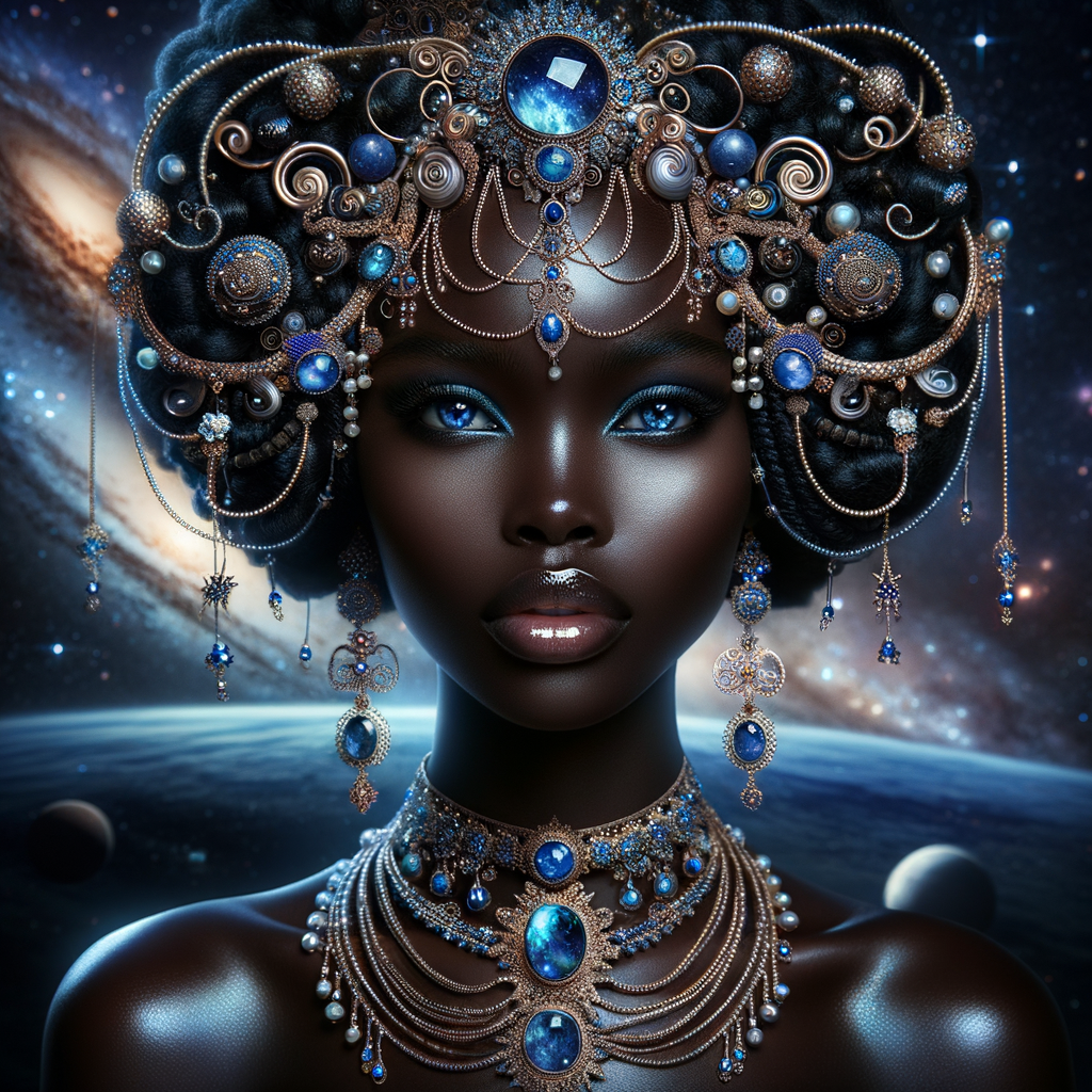 "Create a portrait of a regal African-American woman with an ethereal and cosmic theme. Her skin is a glossy ebony, with a smooth and flawless finish that reflects light. Her eyes are a striking electric blue, like sapphires, with a makeup that accentuates their shape and the intensity of their color. Her hair is styled into an intricate array of braids, coils, and twists that cascade down and frame her face, adorned with beads and jewels that catch the light. She wears an elaborate headdress made of swirling patterns and motifs that evoke the mysteries of the universe, studded with shimmering stones and intricate enamel work in hues of blue and gold. Her attire consists of a cascade of layered necklaces and a majestic, shoulder-grazing earring, each piece detailed with a mix of precious stones, metals, and intricate beadwork. The background is a tapestry of stars and nebulas, suggesting a connection to the cosmos. Her pose is serene, with a hand gracefully touching her chin, adorned with rings that complement her other jewelry, all coming together to suggest an aura of wisdom and grace."