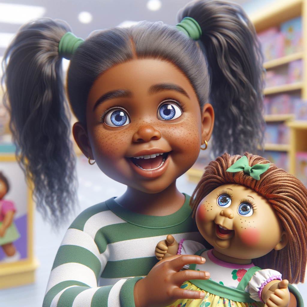 Create a 3-D realistic African-American little girl with huge blue eyes and long ponytails She is playing in her Favorite toy store with her favorite cabbage patch doll the cabbage patch now resembles her. It has very deep, dimples and Freckles