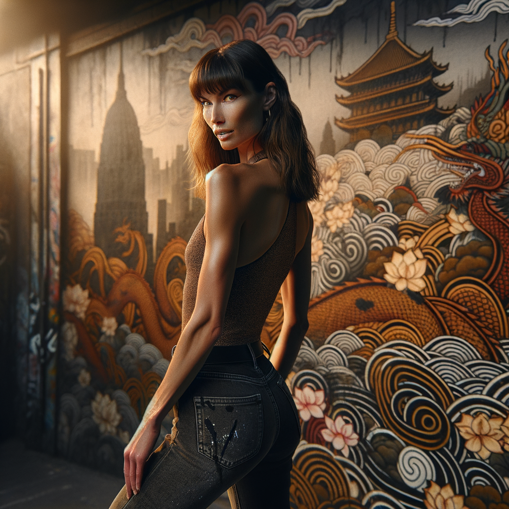 Athletic Thin skinny Attractive, Asian teenage girl, long brown hair and bangs, wearing tight skinny jeans and a halter top paint marks on her clothing, heroic pose Asian graffiti background, backside view